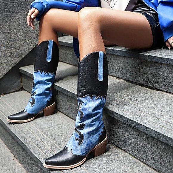 Women Denim Cowboy Boots Patchwork Knee High Boots Colorblock Western Cowgirl - Picture 1 of 5